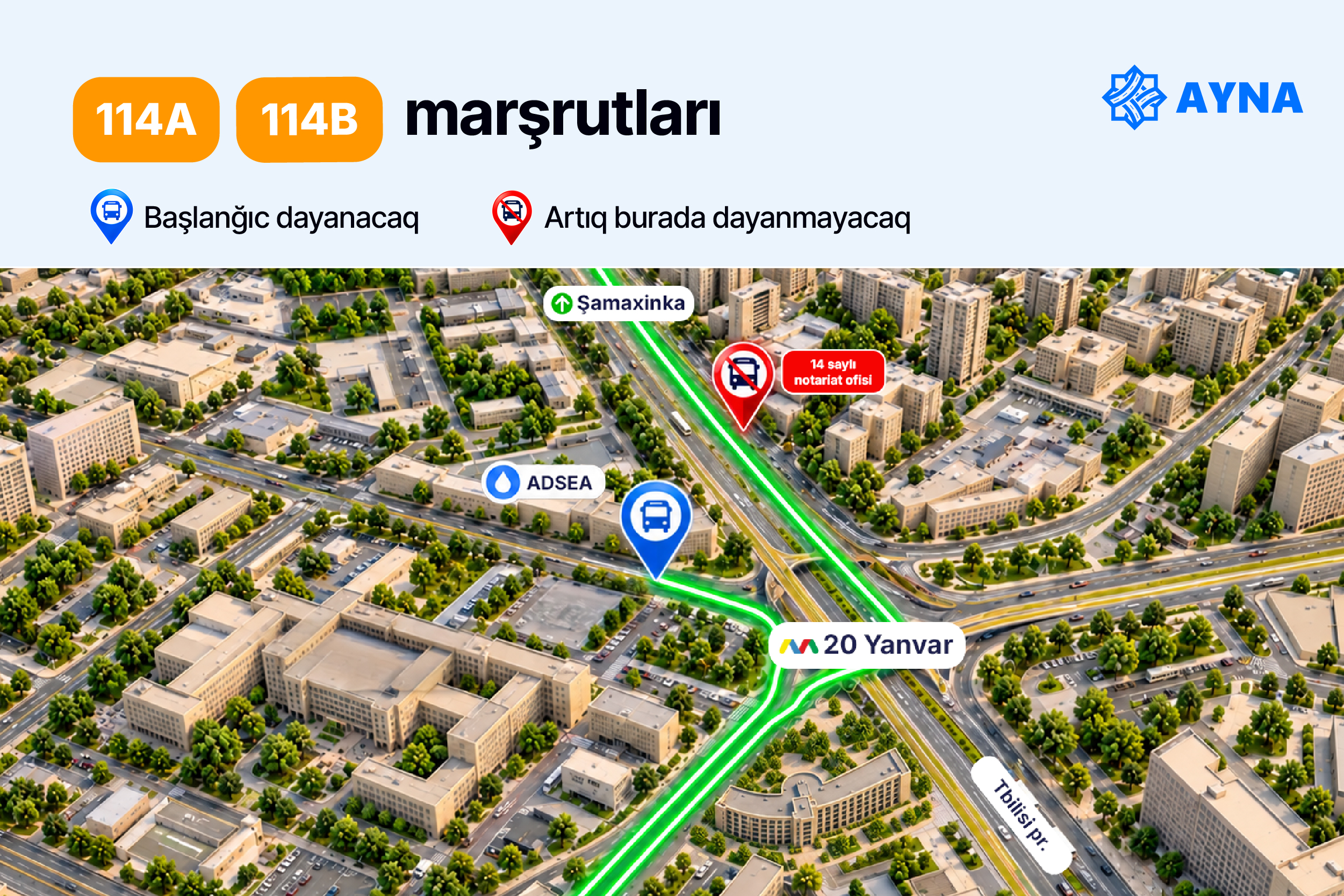 “20 Yanvar” metrostansiyası və “Şamaxinka” ətrafında bəzi marşrutlar dayanacaq məntəqələrindən çıxarılır