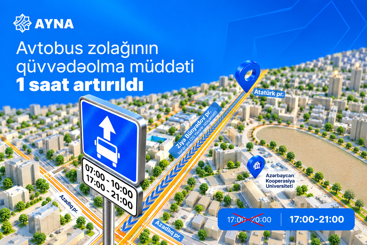 Ziya Bünyadov prospektinin bir hissəsində avtobus zolağının qüvvədəolma müddəti bir saat artırılıb